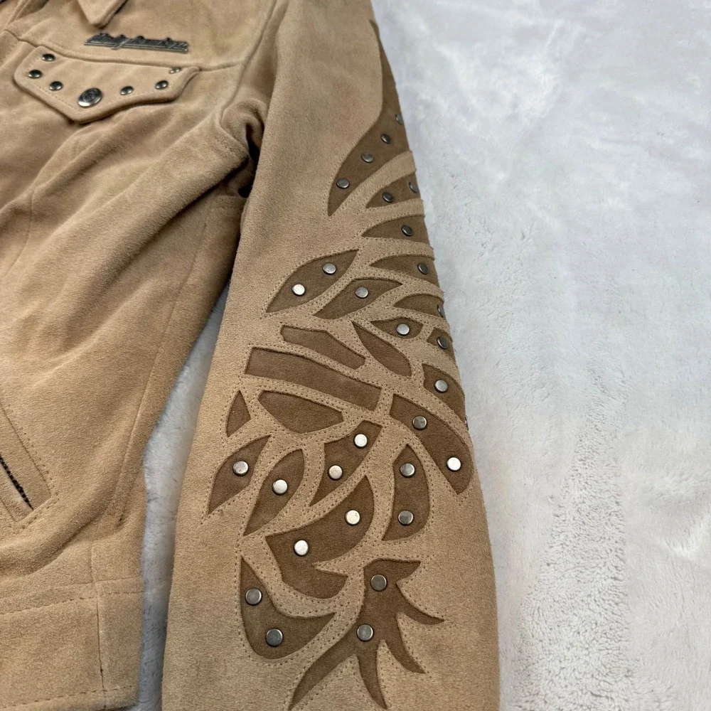 Harley Davidson Suede Leather Jacket Women's XS Embellished Motorcycle Biker Tan - Picture 6 of 10